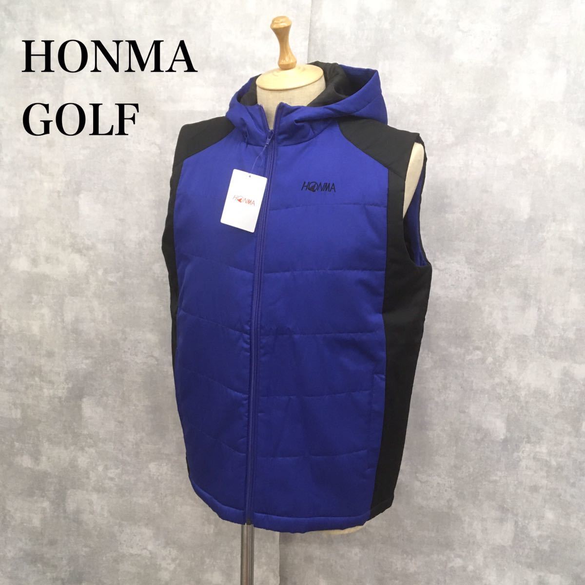 未使用 HONMA 本間ゴルフ ゴルフウェアベスト 刺繍ロゴ フード付き ノースリーブ メンズ Lサイズ 青_画像1