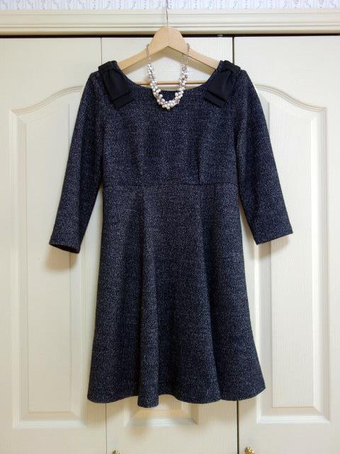  Jill Stuart JILLSTUART* pretty shoulder ribbon. One-piece * black, white color ... knitted cloth * flair skirt * size М