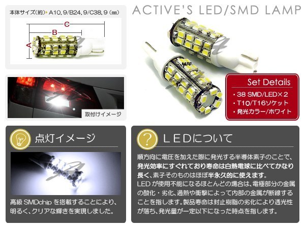 【メール便送料無料】 三菱 ディンゴ LED ポジションランプ 車幅灯 ホワイト T10 38連 SMD ポジション球_画像2