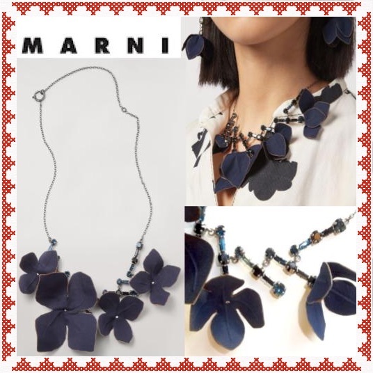 ● MARNI マルニ 大ぶり ネックレス ビジュー フラワー 花 つぼみ ネイビー 新品 チェーン ラインストーン 素敵 イタリア製