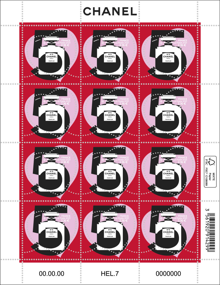 ● 日本未入荷 100周年記念 CHANEL シャネル NO5 フランス 記念切手 バレンタイン ハート 2021年 限定 新品 香水の瓶 12枚 レッド 赤