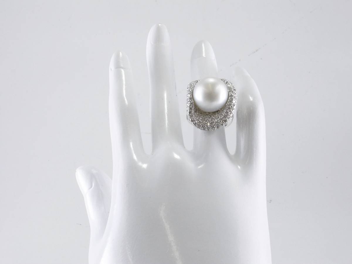  free shipping pearl ring ring pearl White Butterfly diamond 14.7mm Pt900 platinum 8 number beautiful goods h200104