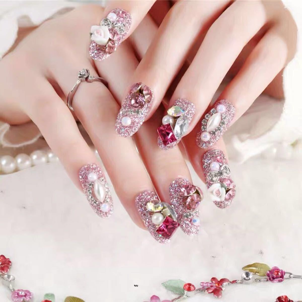 Paypayフリマ 高品質ネイルチップ24枚入りゴージャスネイルアート 入学式 結婚式 つけ爪花嫁