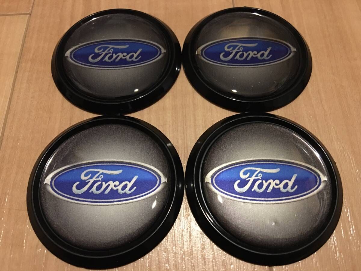 エンブレム 丸 58mm Ford フォード グレー 勾配 灰色 ブラック 黒 リム クラシック ロゴ ホイールキャップ 4枚 セット キット 同梱送料210_画像1