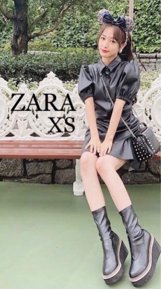 Paypayフリマ Zara 一点限り フェイクレザーミニワンピース ドレス Xs パフスリーブ