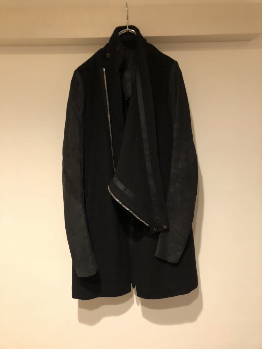 Yahoo!オークション - Rick Owens レザー切替 ウール ドレープ コー