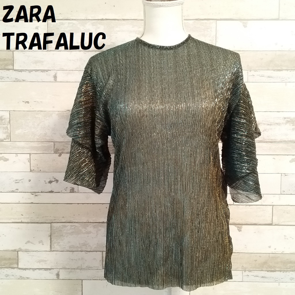 【人気】ZARA TRAFALUC/ザラ トラファルック オーロララメ フリルスリーブ リブトップス ブラックベース サイズS レディース/9190_画像1