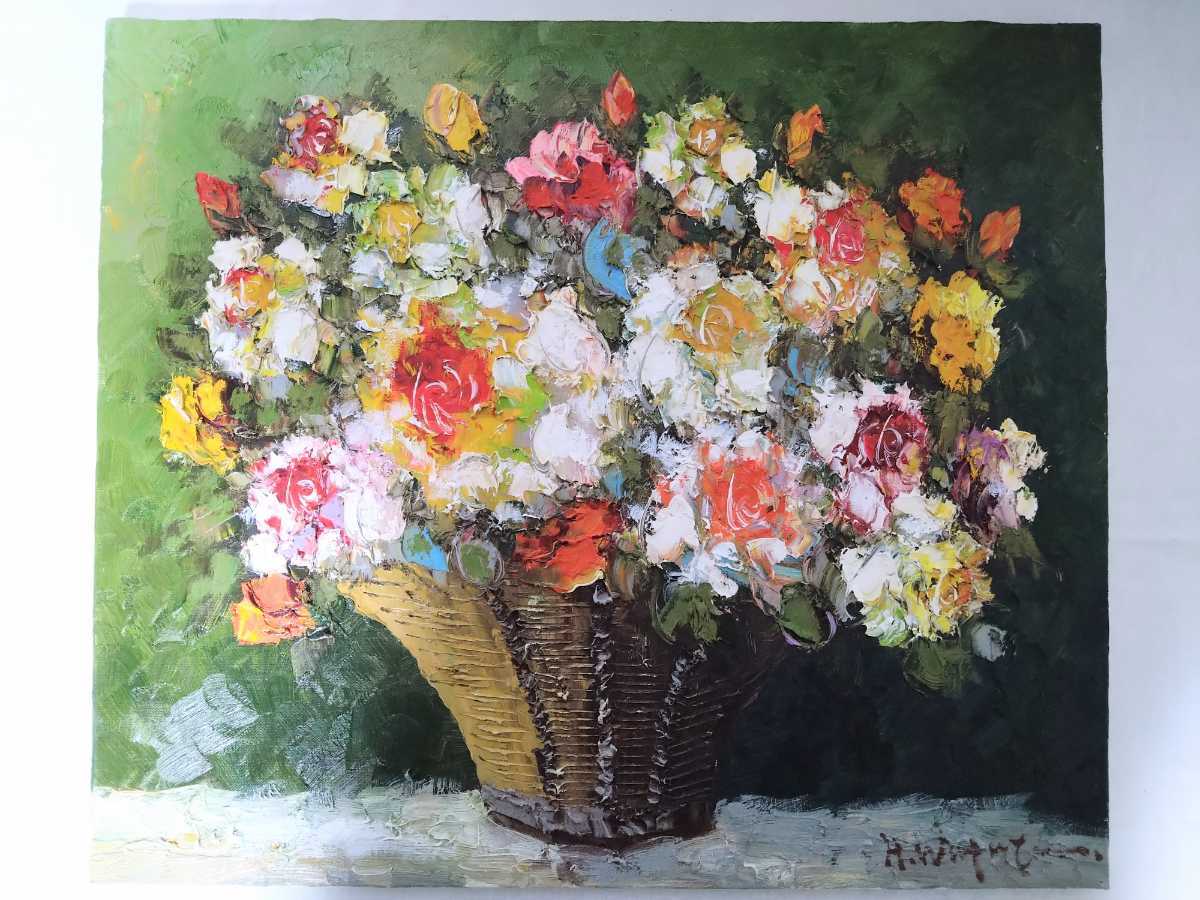 真作 渡部ひでき 傑作 油彩「薔薇」画寸 53cm×45.5cm F10 広島県出身