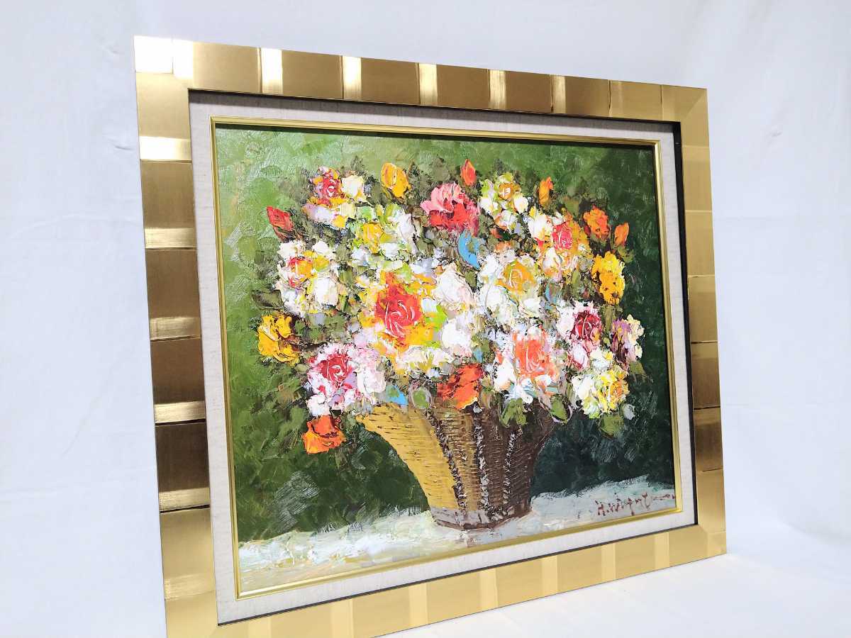 真作 渡部ひでき 傑作 油彩「薔薇」画寸 53cm×45.5cm F10 広島県出身