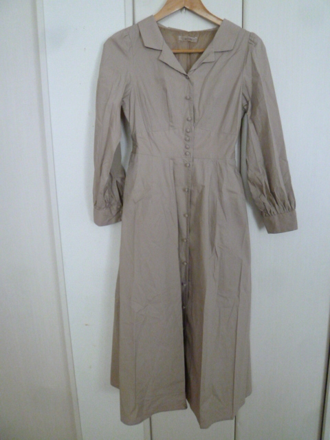 NICE CLAUP/ Nice Claup ^ beige . prohibitation collar waist rubber car - ring Flare shirt One-piece F/ maxi height cotton ^OP119
