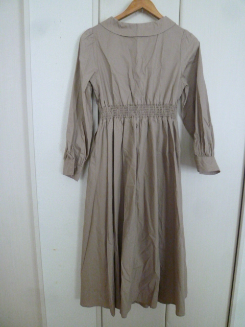 NICE CLAUP/ Nice Claup ^ beige . prohibitation collar waist rubber car - ring Flare shirt One-piece F/ maxi height cotton ^OP119