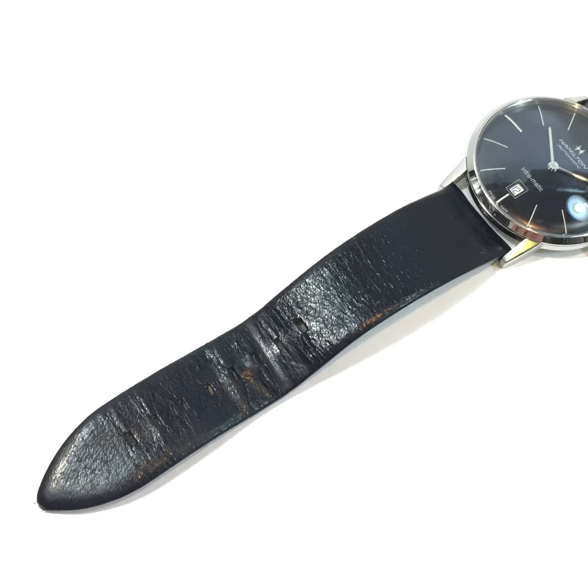 ▼HAMILTON ハミルトン H384551 イントラマティック 自動巻 裏スケ 黒文字盤　革ベルト メンズ腕時計 稼働品_画像6