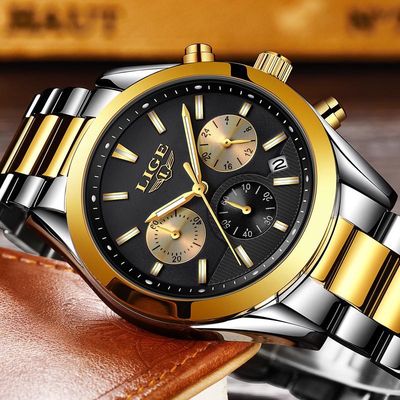 2019新lige腕時計メンズミリタリー防水トップブランドは、ステンレス鋼クォーツ時計男フルスチール腕時計レロジオ