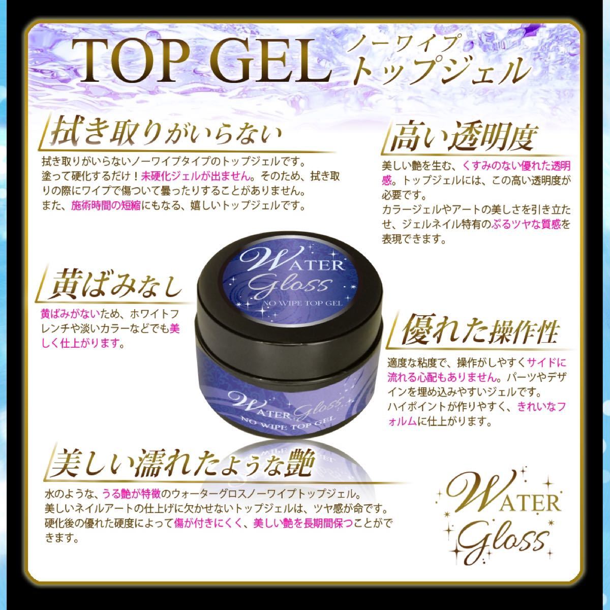 【ジェルネイル】ウォーターグロスジェル ノーワイプトップ＆ベースジェル 各30g