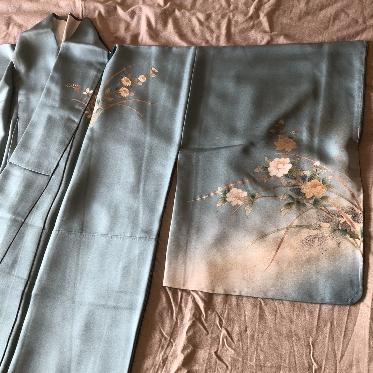 送料無料■女性着物＆襦袢のセット 絹 袷 青系 和服 和装 日本製■長期保管の未使用品