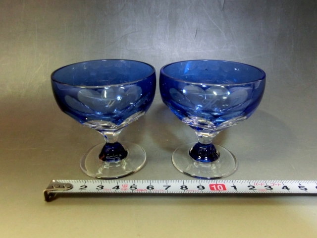 氷ガラス□ガラス皿青2客コンポートデザート皿レトロ古美術| JChere