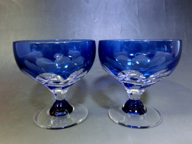 氷ガラス□ガラス皿青2客コンポートデザート皿レトロ古美術| JChere