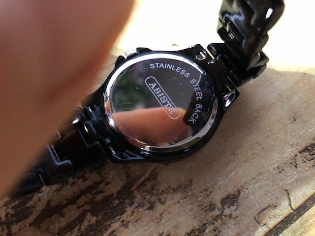 BK0114 良品 レア ABISTE アビステ ストーンベゼル デイト ブラックカラー 純正セラミック調ブレス クオーツ レディース 腕時計