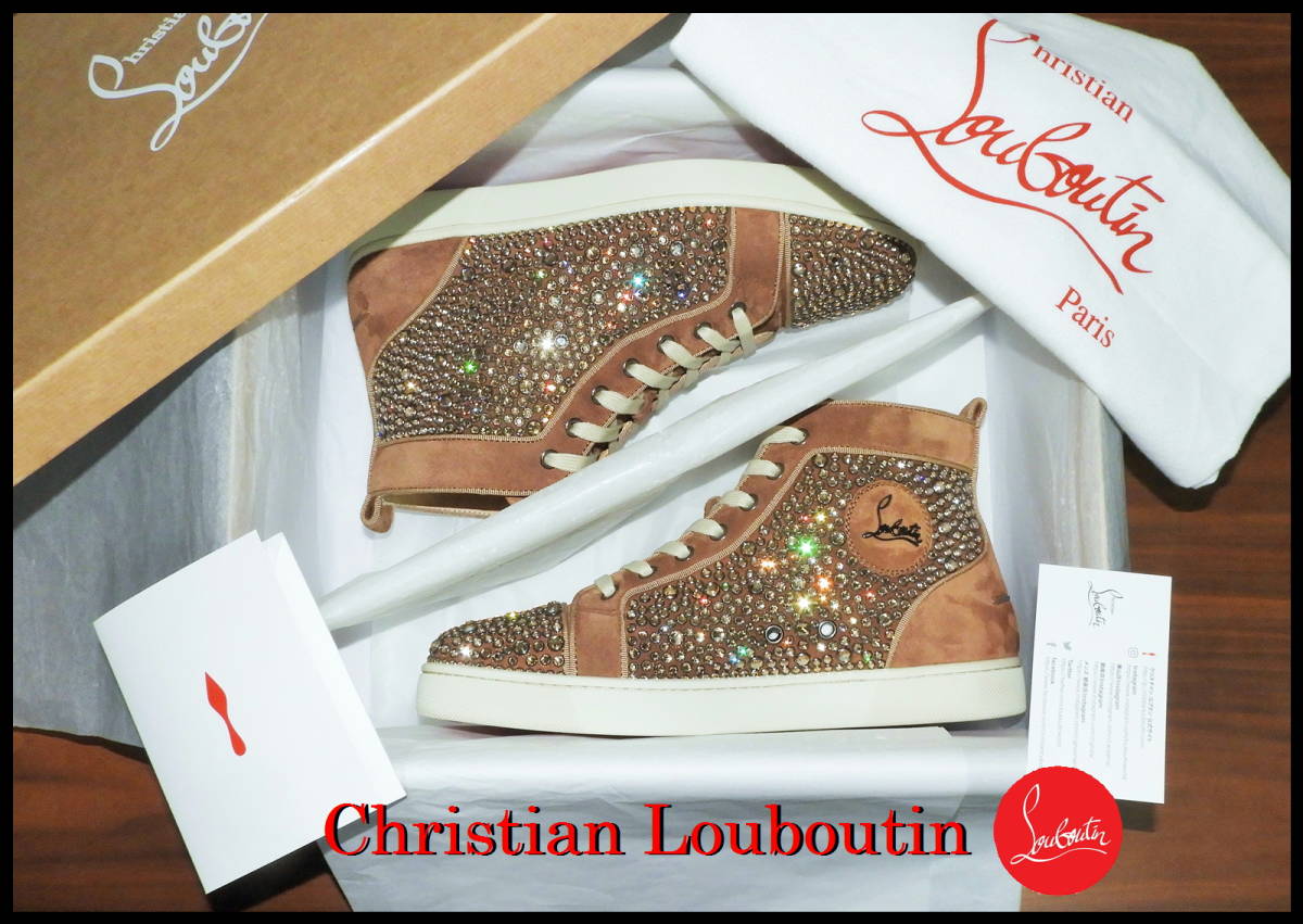 激レア Christian Louboutin ルイス ストラス メンズ 41 博多限定 ブラウン ベロア スワロフスキー スニーカー 完売品 スパイク ルブタン_画像2