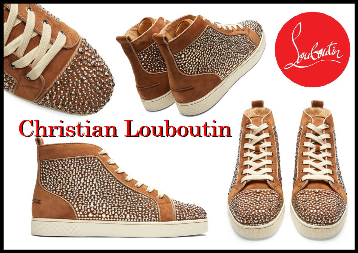 激レア Christian Louboutin ルイス ストラス メンズ 41 博多限定 ブラウン ベロア スワロフスキー スニーカー 完売品 スパイク ルブタン_画像9