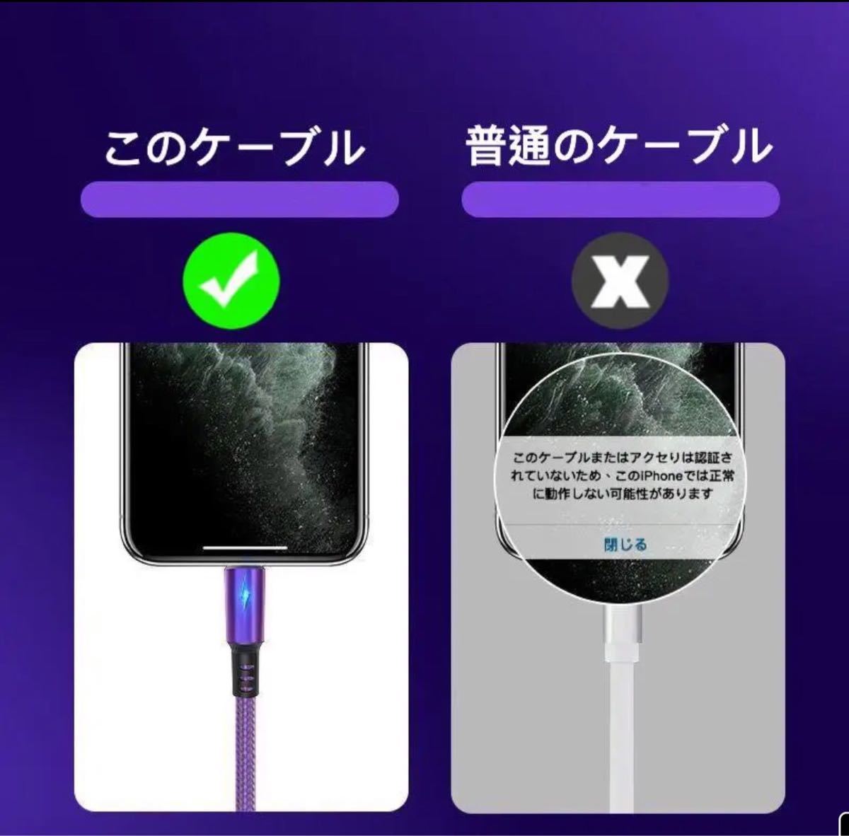 (３本ライト付き)ライトニング充電ケーブルiPhonelightning急速2m