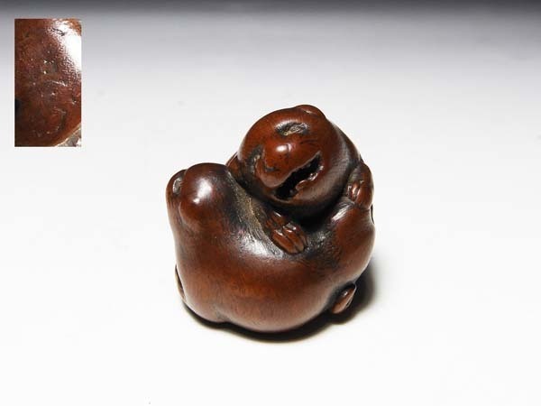 [ удача ].. предмет : дерево гравюра netsuke собака один раз 