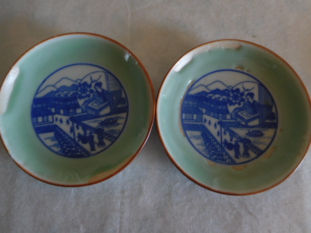 古伊万里 貴重 珍品 図変わり印判Ⅰ掲載品 青磁文明開化図皿 5客揃い