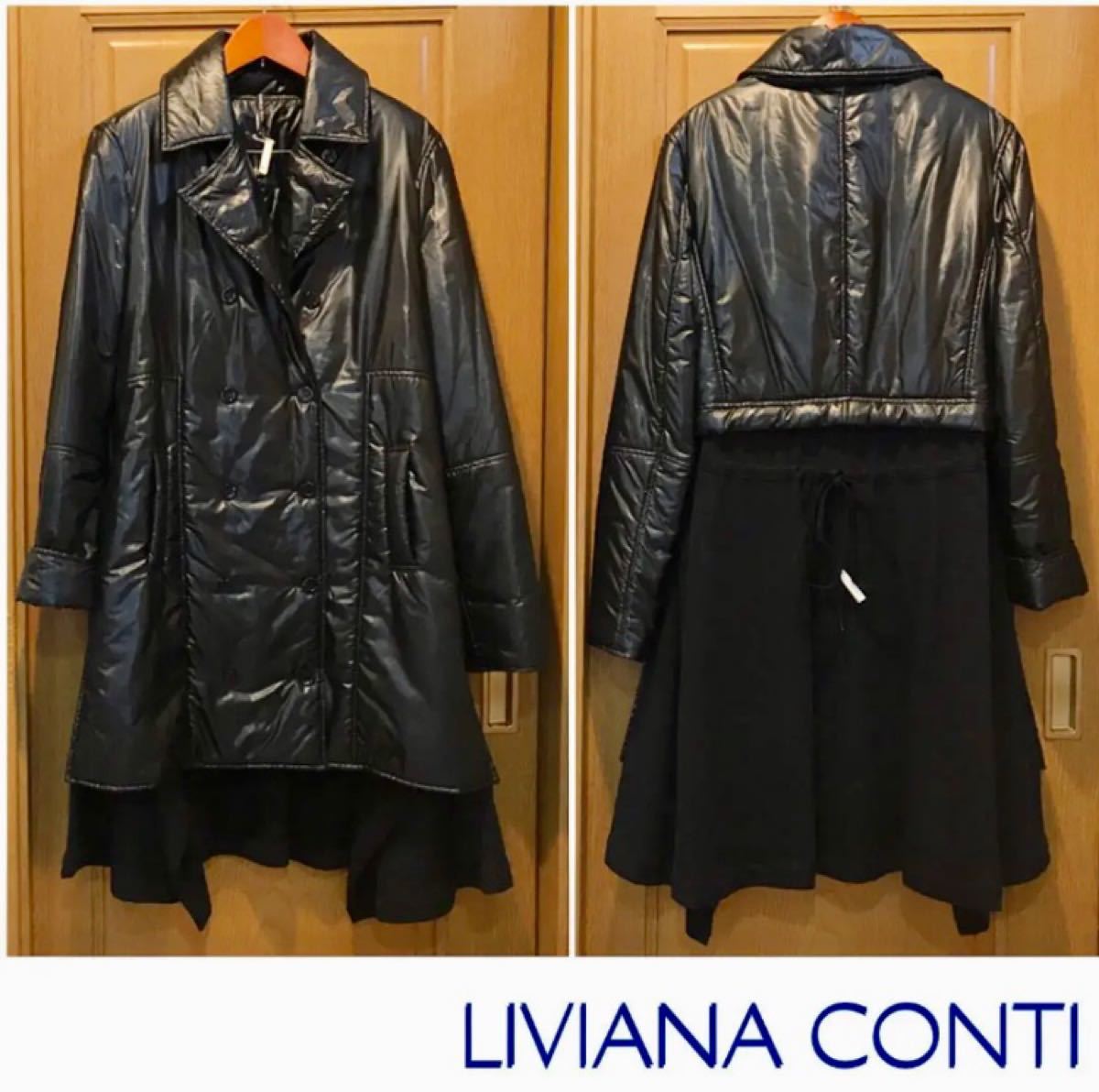 LIVIANA CONTI  リビアナコンティ 44 ブラック系光沢×ニット生地のコート　イタリア製　