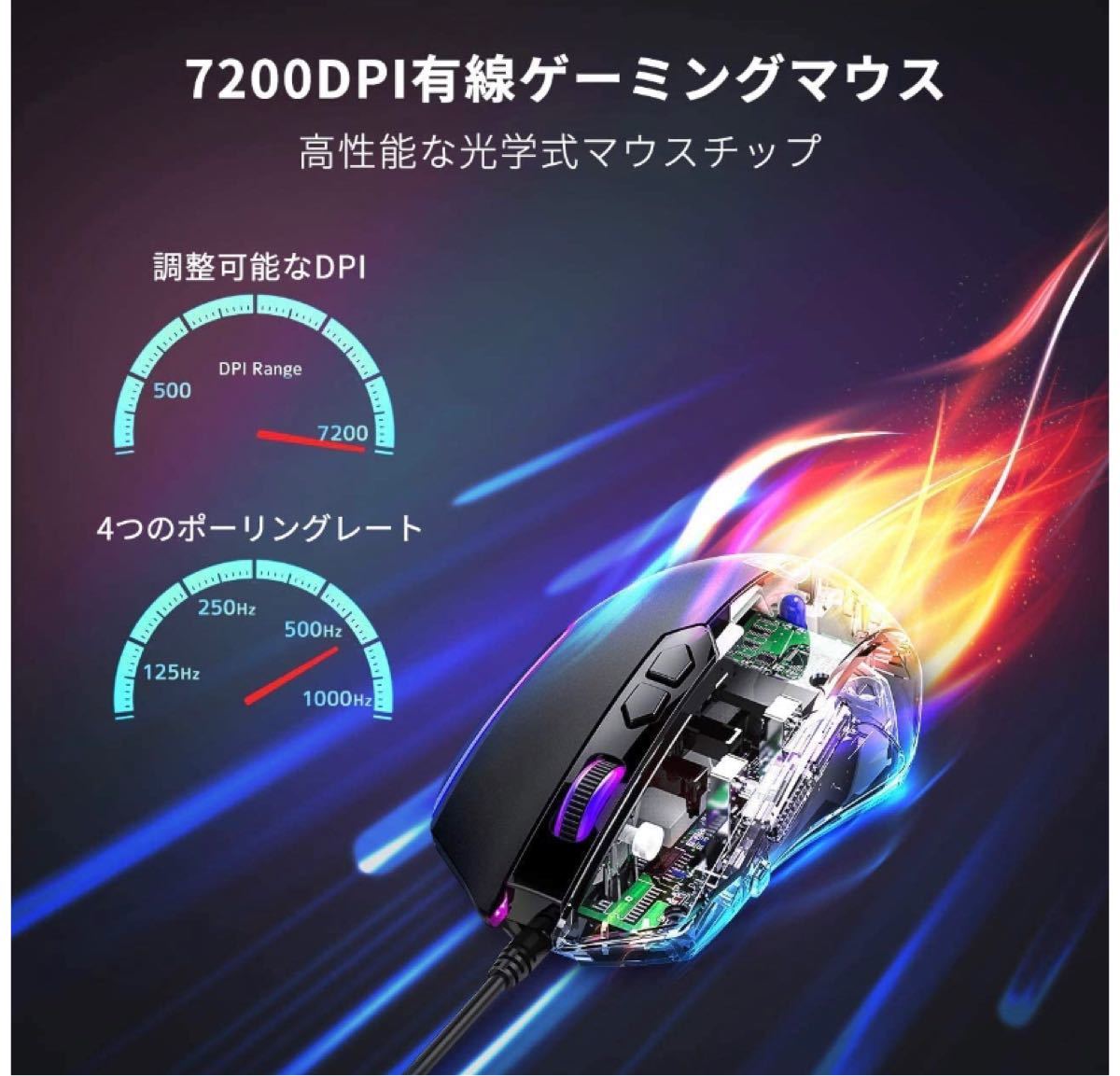 Epeios ゲーミングマウス 光学式 USB有線 マウス 高精度 最大7200DPI 5段調整可能 RGB 8ボタン 左右対称 