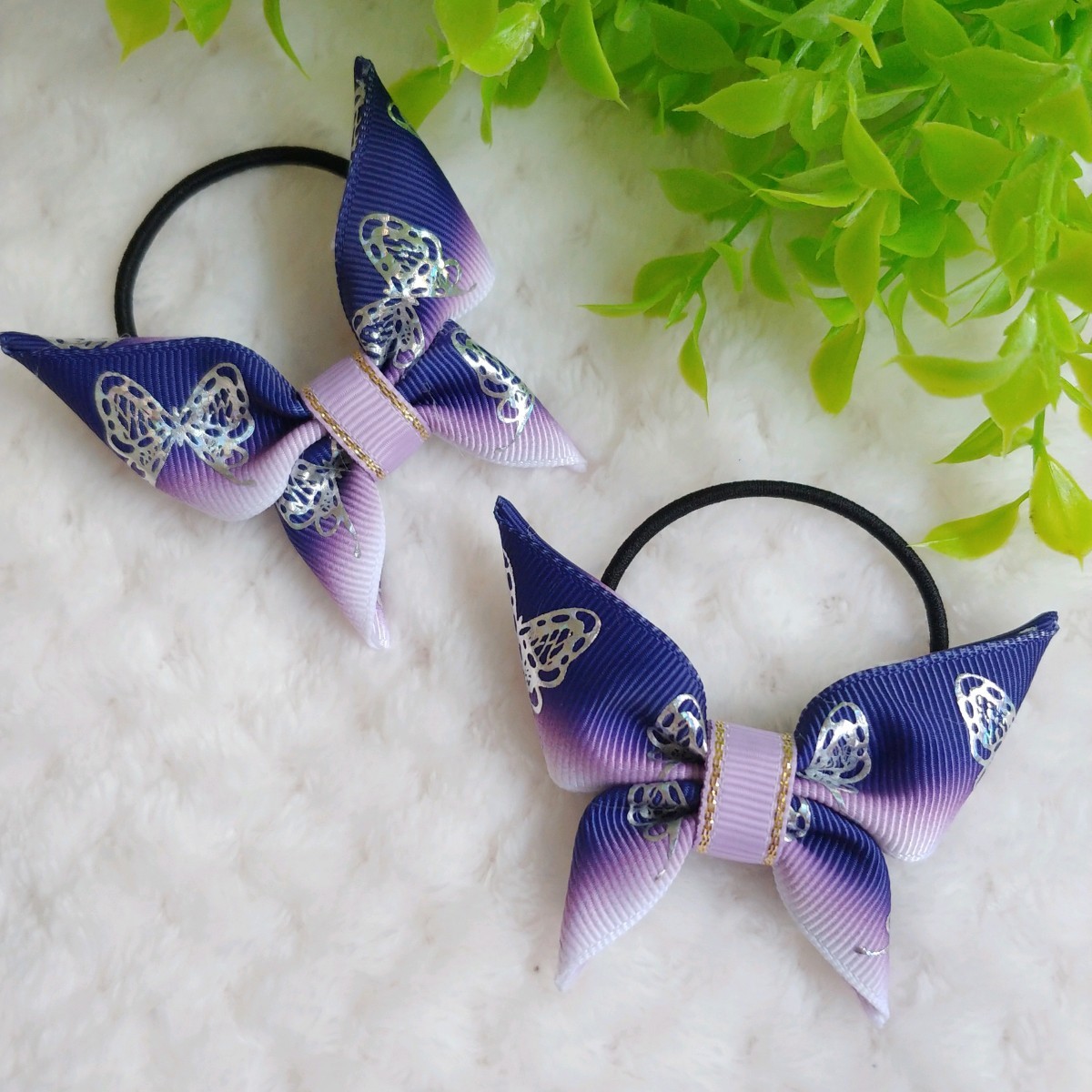 Paypayフリマ 2個セット 和柄 リボンヘアゴム 蝶々 紫 シルバーホロ