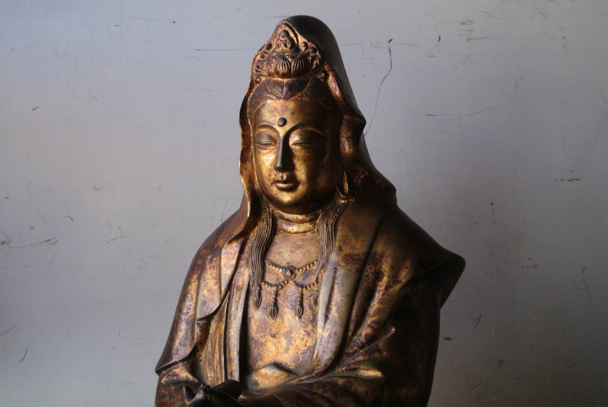 古銅 渡金仏 観音菩薩坐像 24.5㎝×36㎝ 約7.6kg】 中国古玩 仏教美術