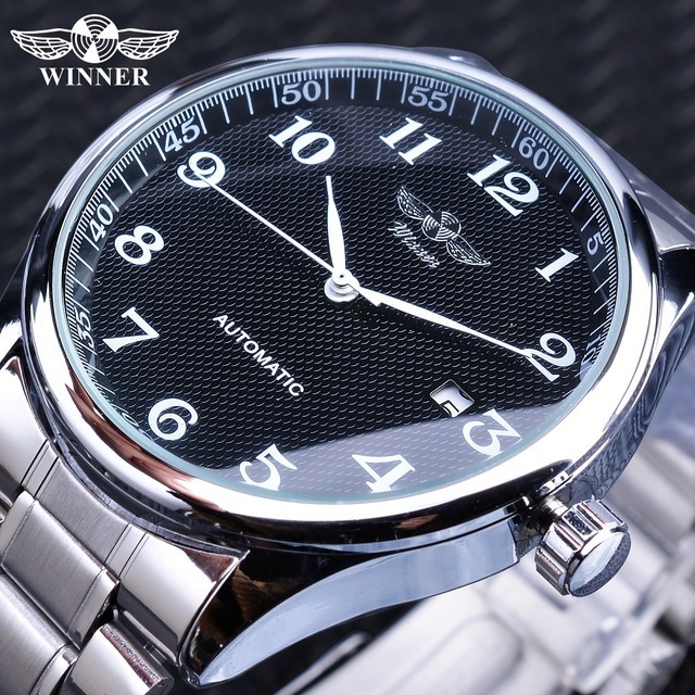  автоматический наручные часы мужской черный серебряный нержавеющая сталь календарь 