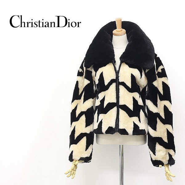 ヴィンテージ◆Christian Dior/クリスチャンディオール 千鳥柄 ラムファー ビッグカラー ジップ ジャケット アイボリー×ブラック_画像1