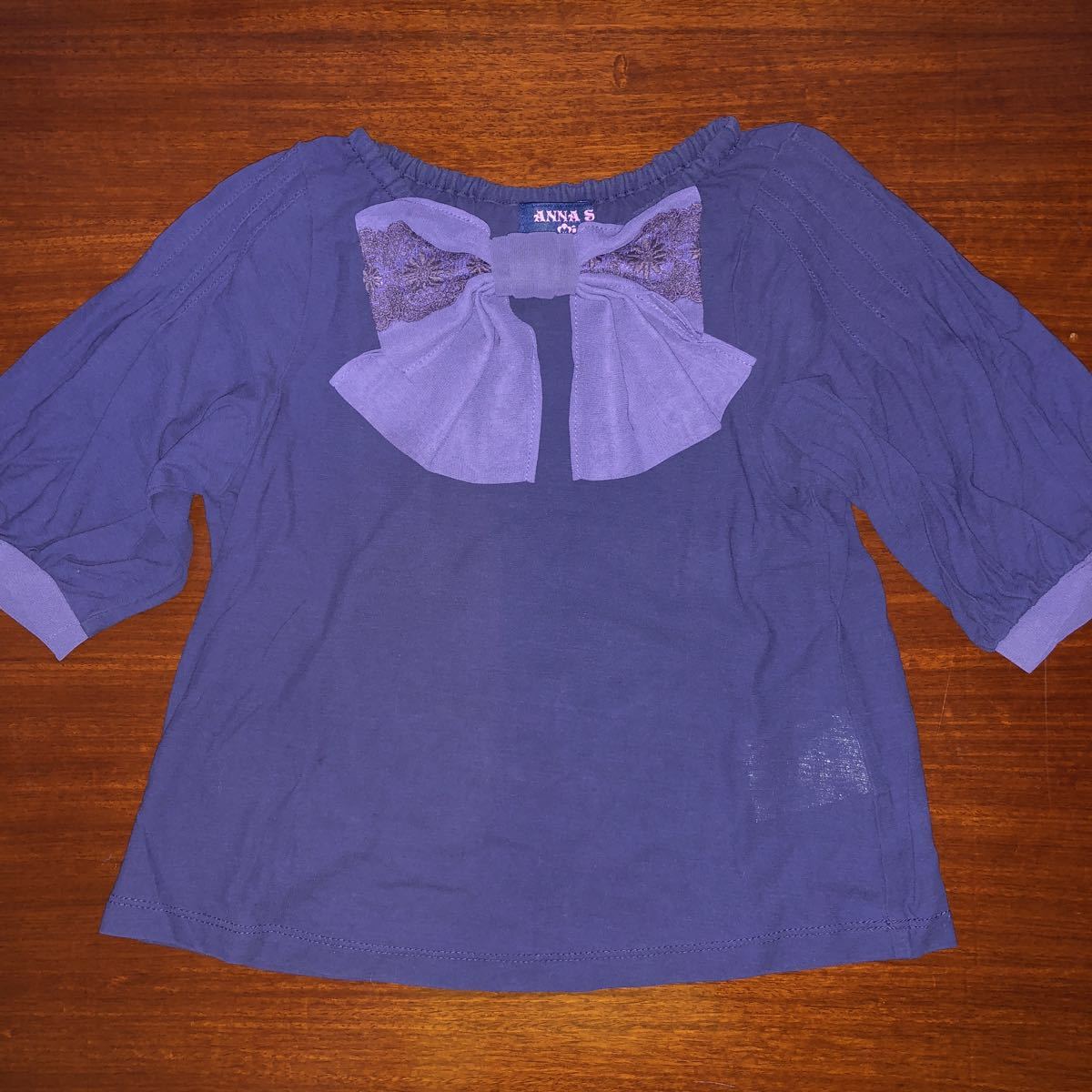 【ANNA SUI mini／アナスイミニ】　半袖カットソー　110㎝　中古　青紫　リボン　レース　上品_画像1