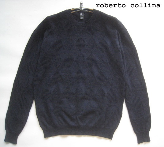  beautiful goods Italy made!!ro belt collie naroberto collina* diamond pattern crew neck wool knitted sweater 44 absolute size S dark blue dark navy 