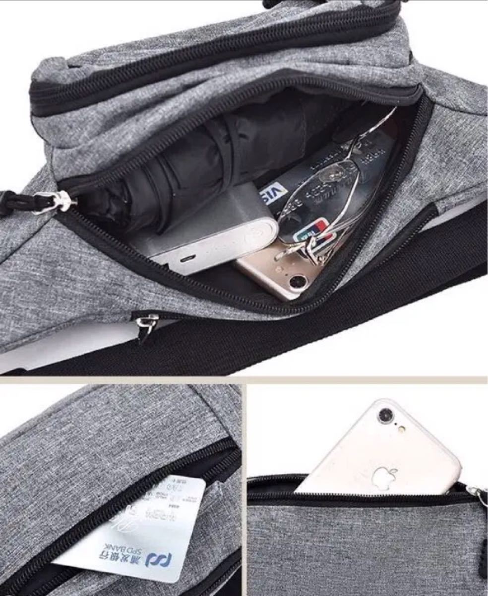 灰色メンズレディースボディバッグウェストバッグポーチ4つポケット大容量新品バッグ
