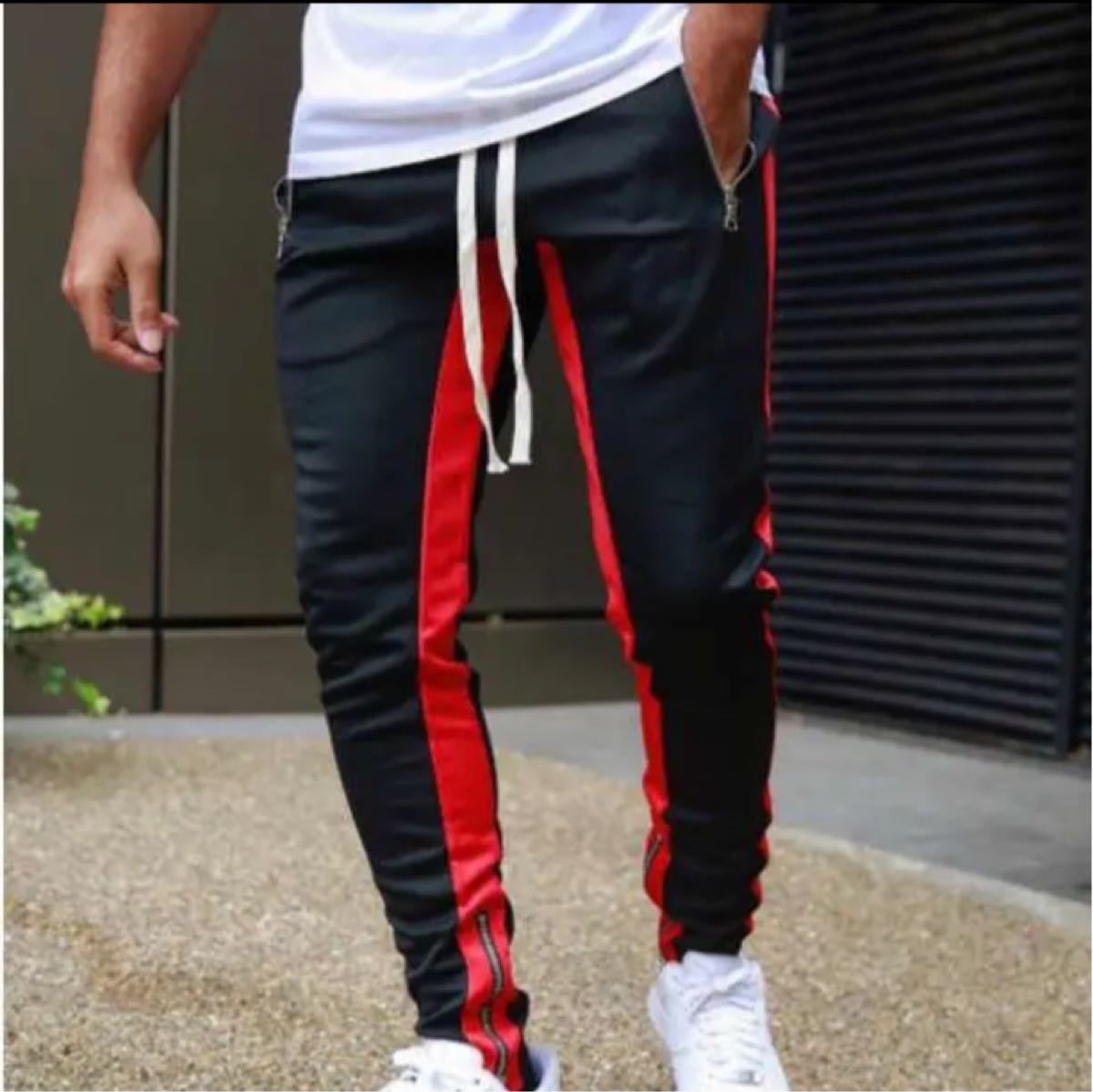 ラインパンツ ジョガーパンツ メンズ スウェット 黒 ブラック 赤　レッド L  アディダスオリジナルス adidas