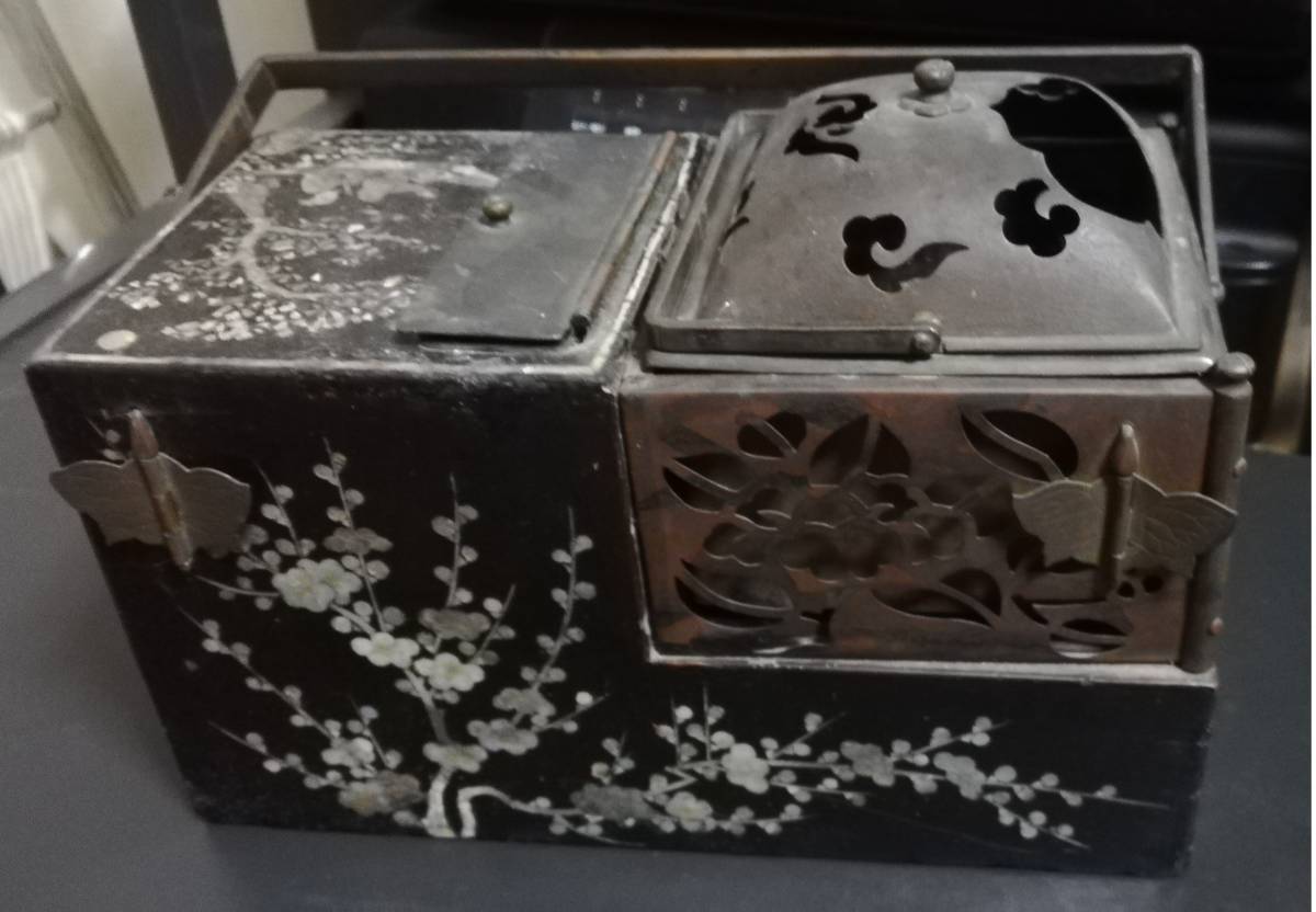 中国清代 時代漆器 江戸期 長崎螺鈿細工金具付煙草盆