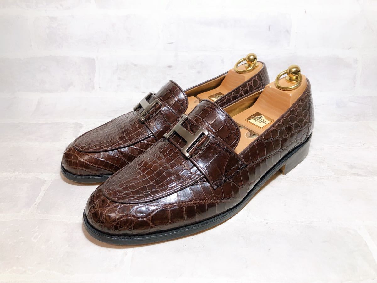 クロコダイル ローファー 7.5/CROCODILE/本ワニ革 ハンドメイド 茶