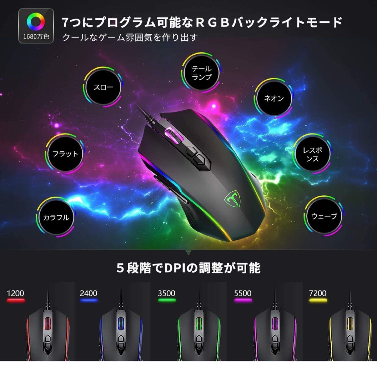 ゲーミングマウス 光学式 USB有線 マウス 高精度 最大7200DPI 5段調整可能 RGB 8ボタン