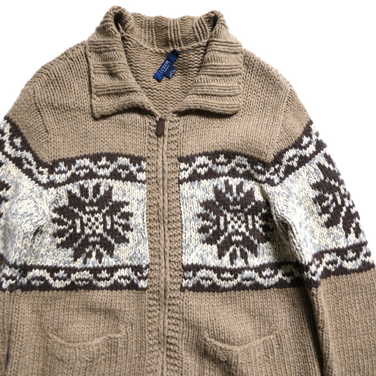 00's Jクルー J.CREW ハンドニット ウールニット カーディガン 茶系 (S) カウチン セーター 雪柄 手編み 00年代 旧タグ オールド