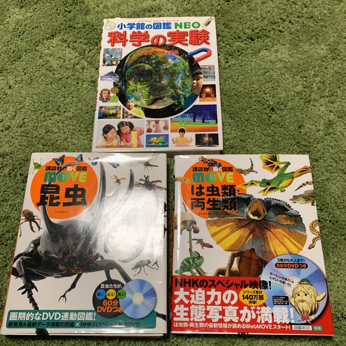 昆虫図鑑DVD付き、は虫類 両生類DVD付き、科学の実験 