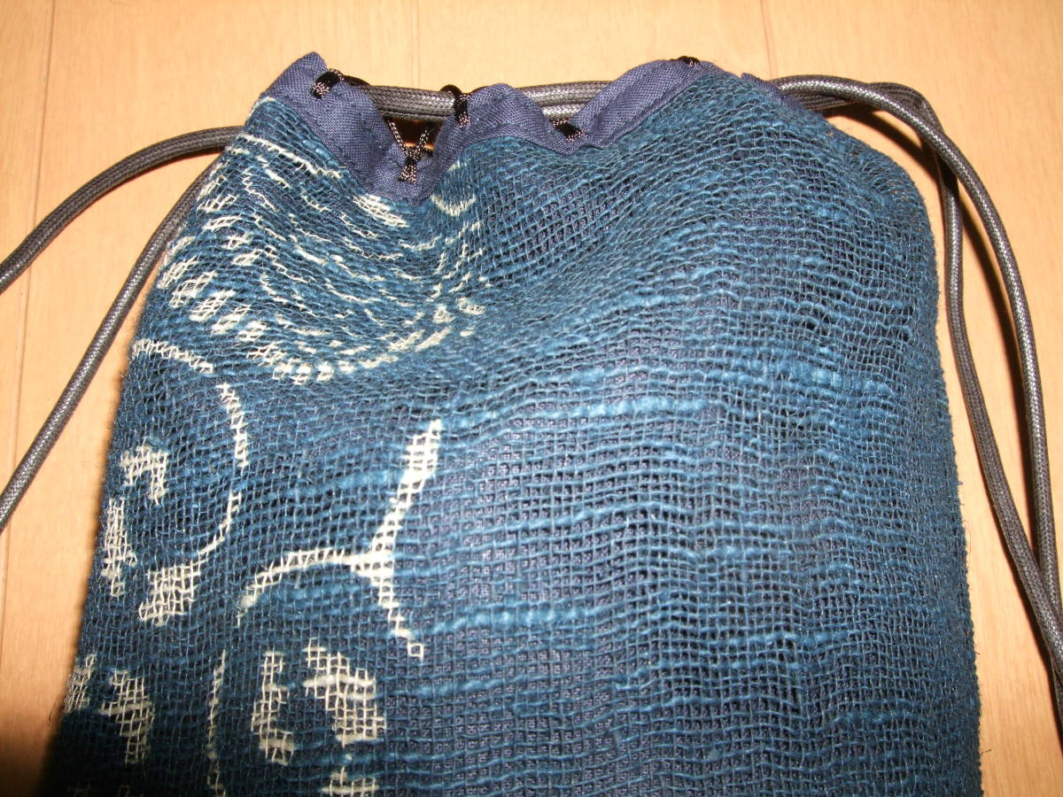 本麻 藍型染の利休袋 巾着袋 オリジナル商品 こだわりのひも通し 日本 