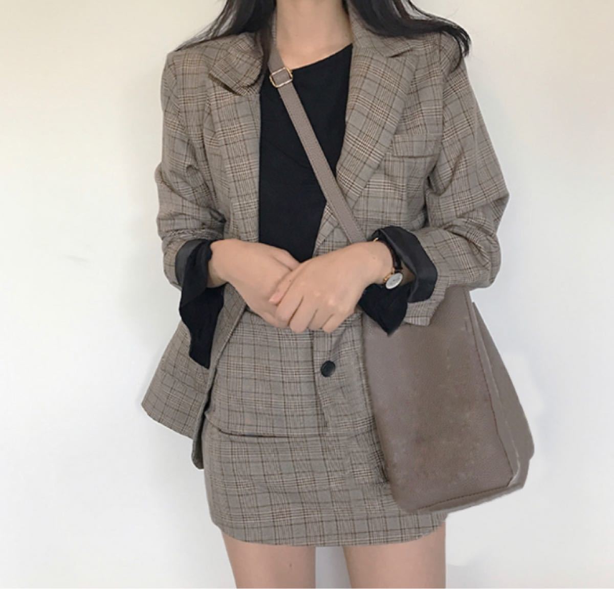 ☆オルチャン☆チェック　セットアップスーツ　グレー　 韓国ファッション　M