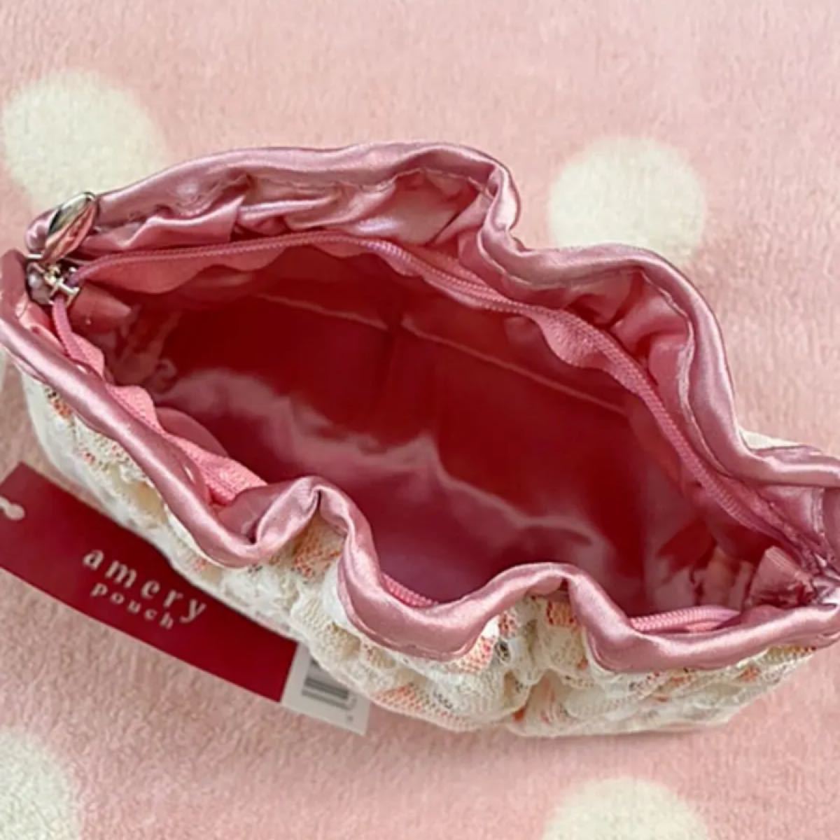 ポーチ:花柄ピンク、レース