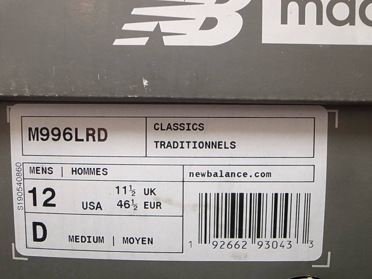 NEW BALANCE USA製 M996LRD 30cm US12 新品 赤x白レッドxホワイト