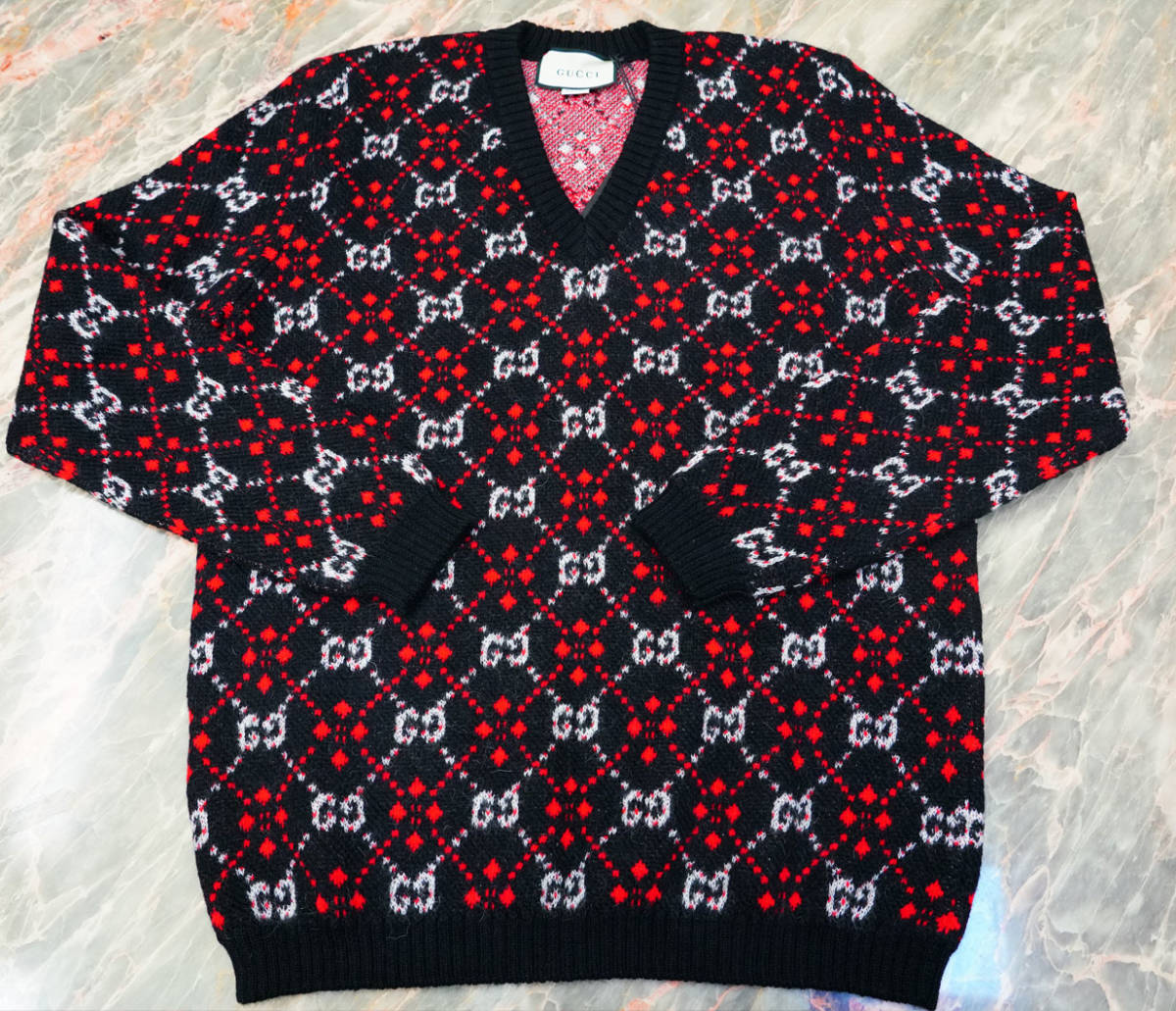  new goods * Gucci GUCCI 2018AW collection GG pattern alpaca & wool Logo pattern V neck sweater (M) * fashion Icon . comfort 