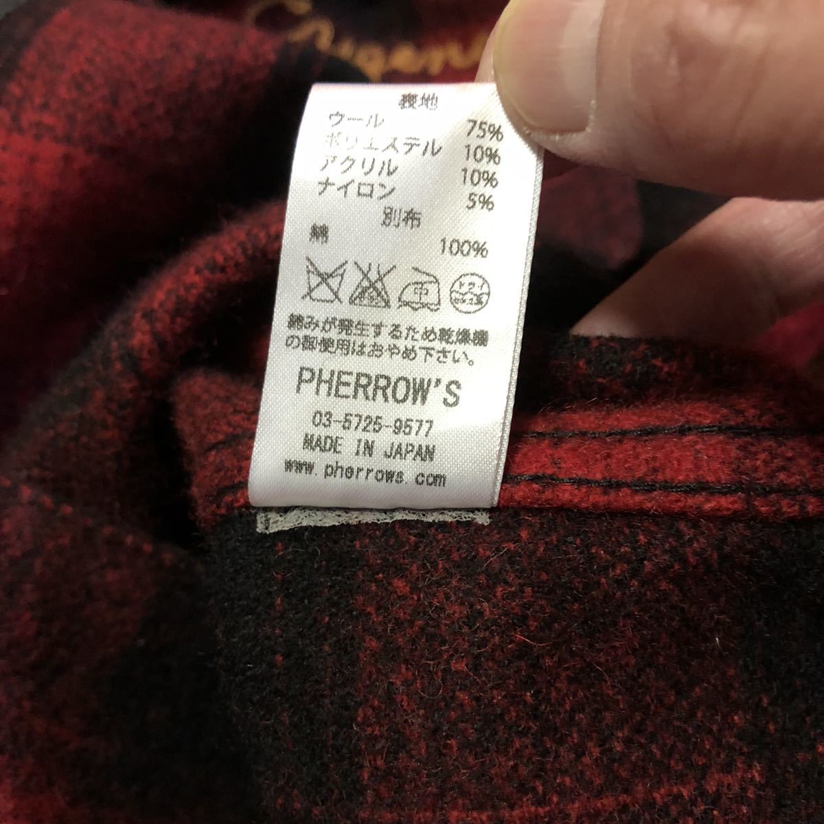 36-Sサイズ！日本製 フェローズ PHERROW'S ウールチェックシャツ CPOジャケット(PWSJ1) 赤黒 チェック柄 ネルシャツ_画像10