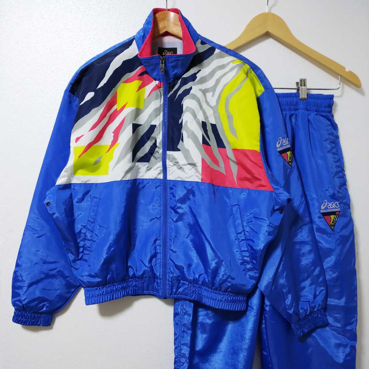 【90's】asics アシックス ウインドブレーカー プロライトジャケット 上下 セットアップ Mサイズ ブルー 裏メッシュ 刺繍ロゴ