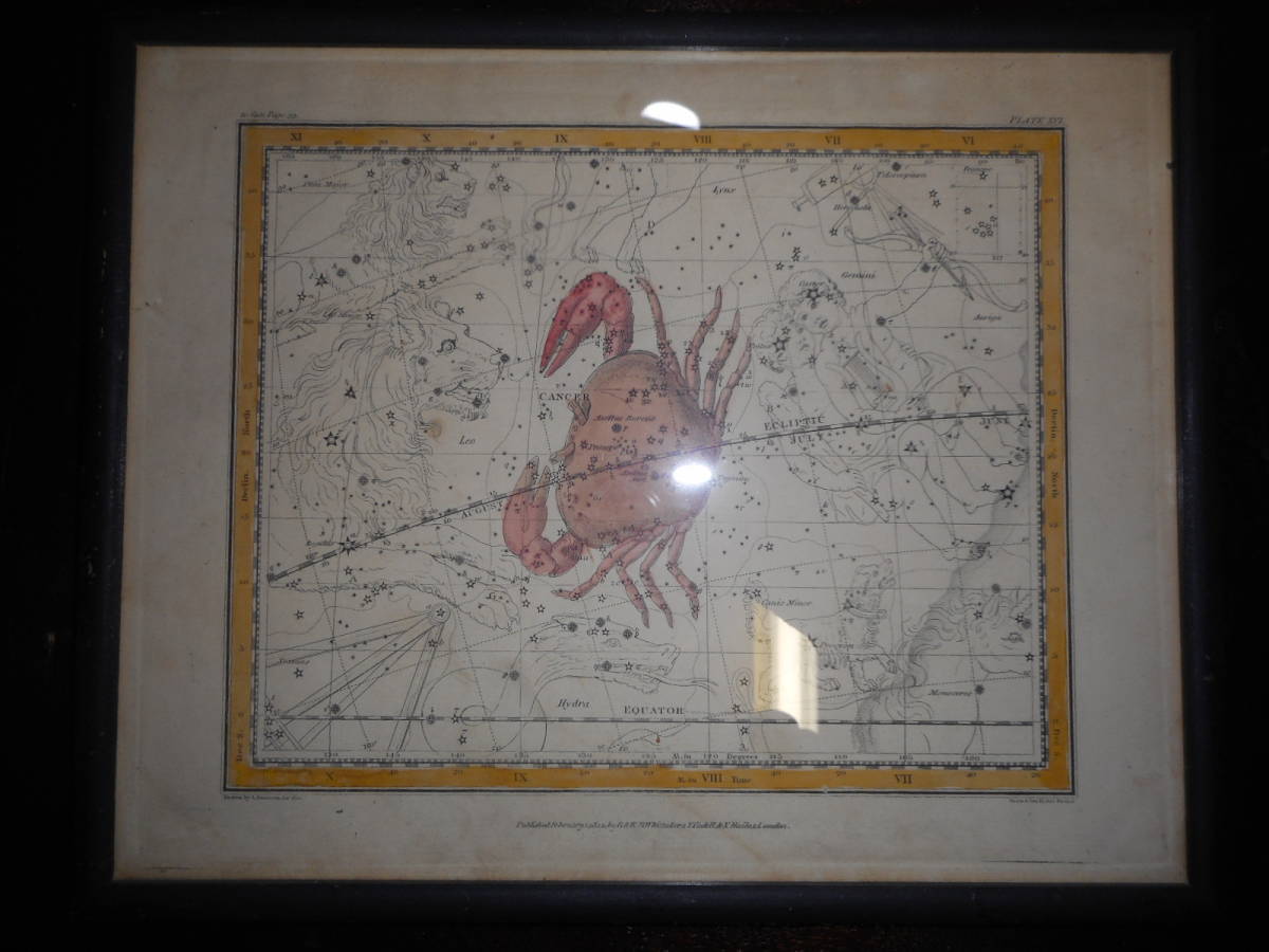 即決アンティーク天球図、天文、銅版画、星座早見盤、星座図絵1822年『ジェミーソン星図＝蟹座他』Star map, Planisphere,Celestial atlas_画像1